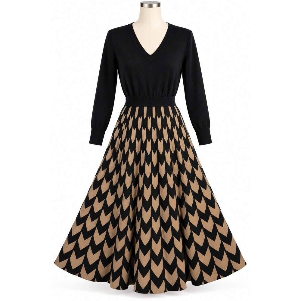 BOSS Hugo Boss Women's M Black Camel Wool Blend Knit Midi A-Line Dress